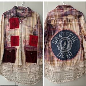Grateful Dead Upcycled Bleach Distressed Flannel with Crochet Hem